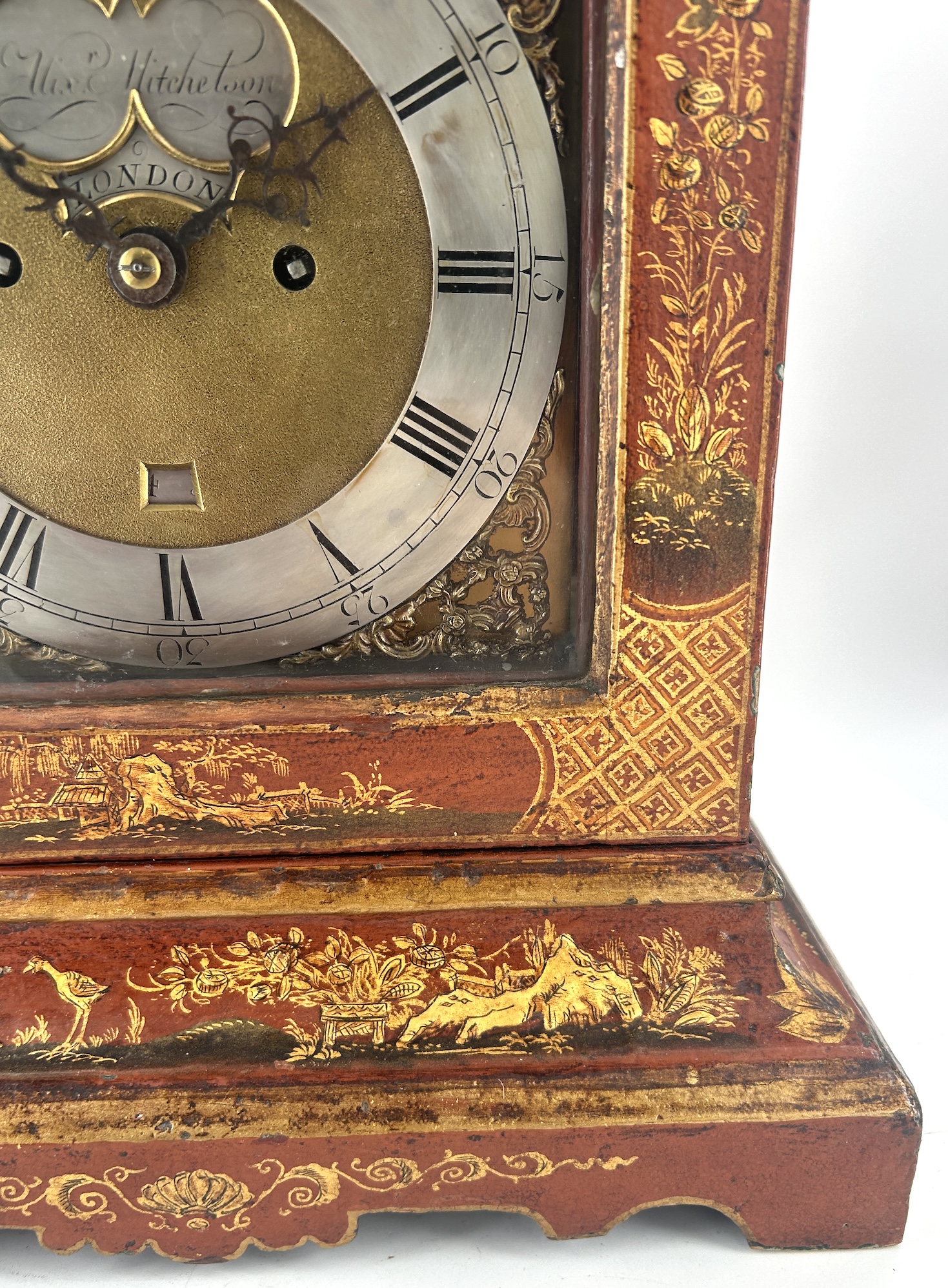 Outstanding Red Chinoiserie English Verge Twin Fusee Bracket Clock – Ca 1760 twin fusee Antique Clocks 5